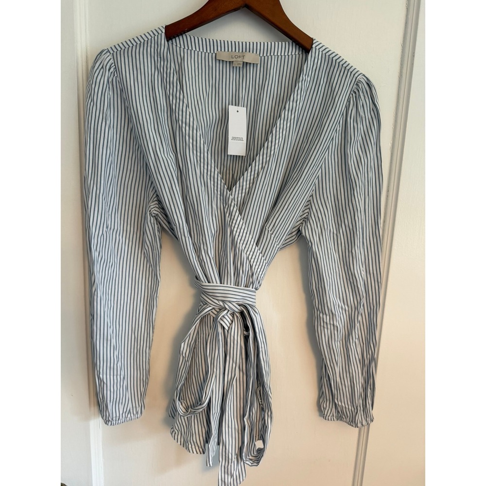 LOFT Wrap Top Women Large Blue White Striped Long Sleeve V-Neck Peplum Tie Waist